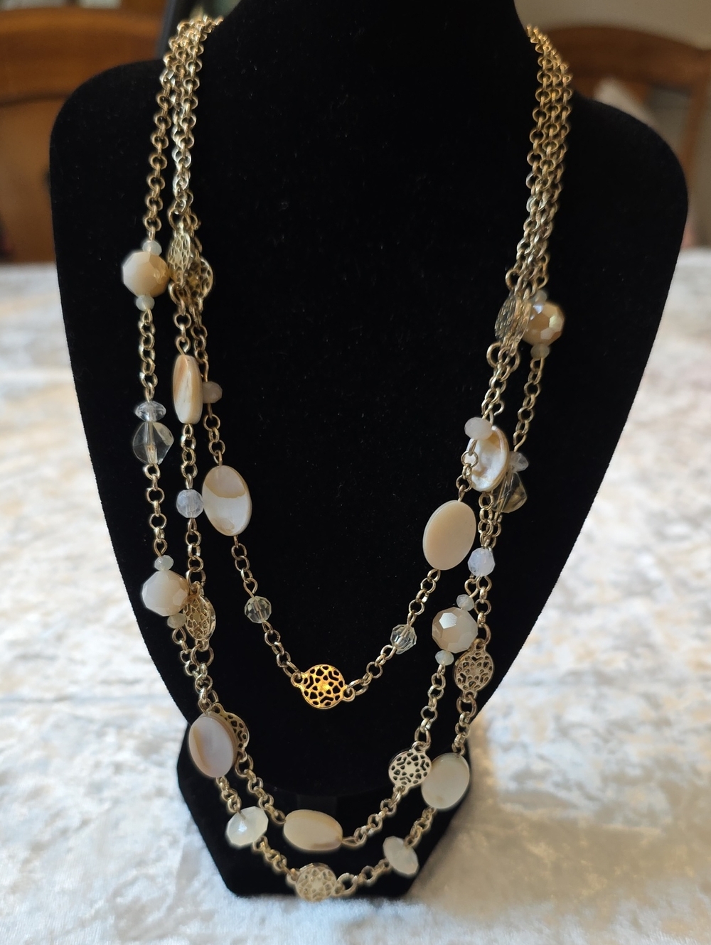 Gold-Tone Multi-Strand Layered Boho-chic Necklace w Cream Beads